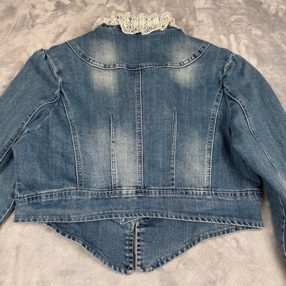 Vintage 90s Y2k Denim Jacket Womens Sz 12 Lace Fairy Whimsygoth Embroidered - Picture 13 of 13
